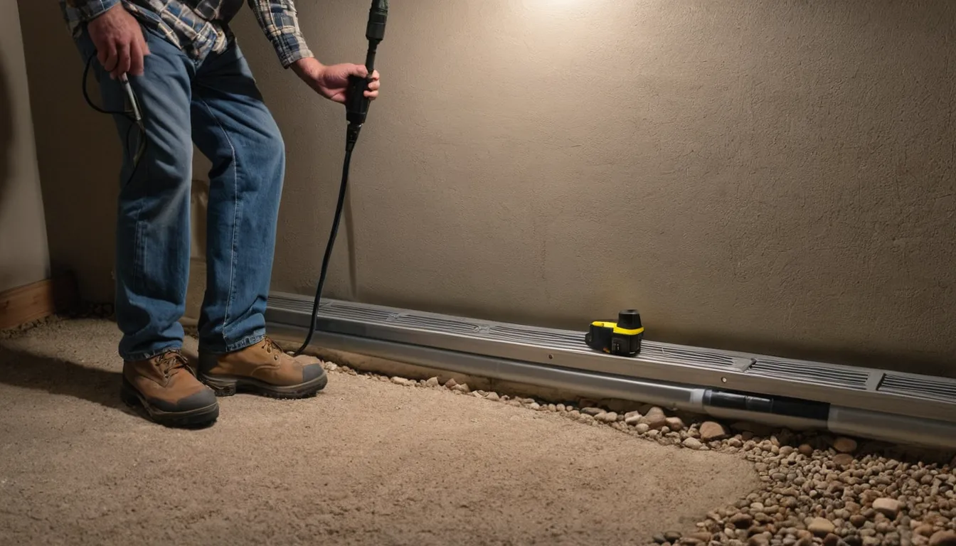 A provider inspecting a basement foundation near a sump pump in the Cleveland area