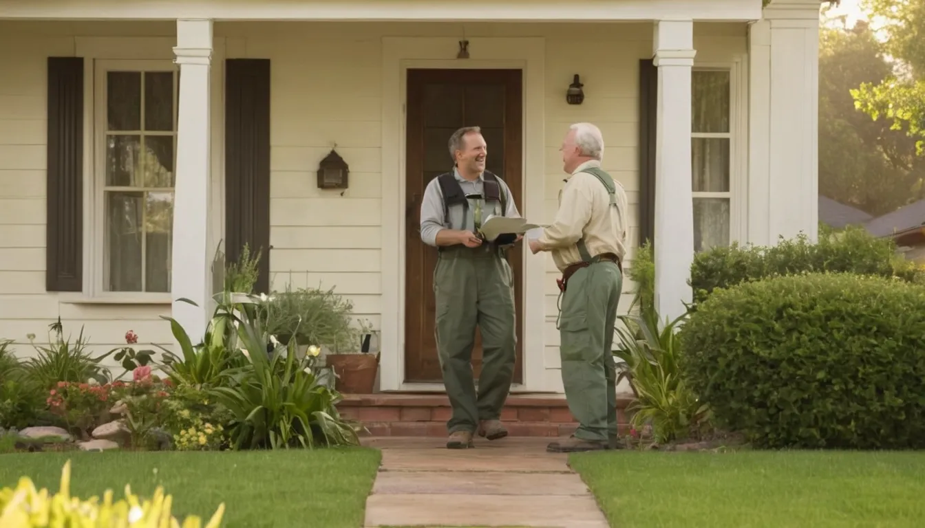 A homeowner in Cleveland talking with a pest control provider at the front door of a frame house