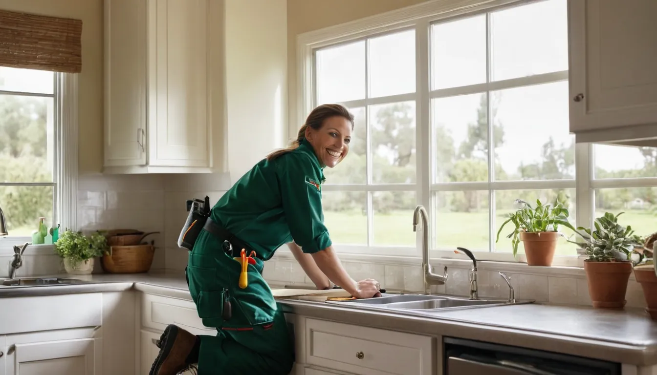 Friendly pest control provider inspecting a kitchen baseboard with a homeowner in a home near Cleveland